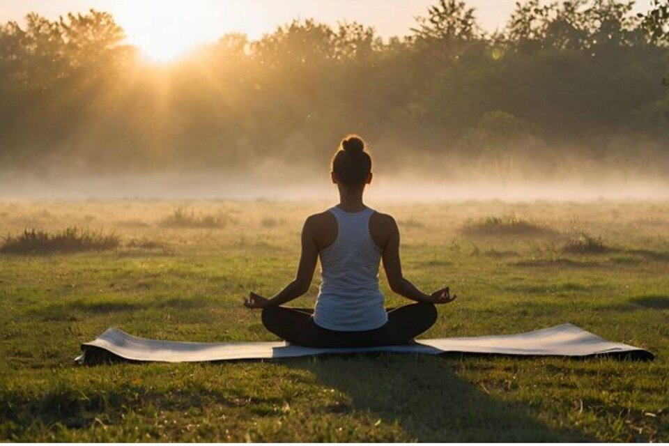 Eine Frau sitzt in den Morgenstunden im Schneidersitz auf einer Yogamatte inmitten einer Wiese. Die Sonne scheint durch die Bäume und der Morgennebel ist deutlich zu sehen. | © Tracky C.