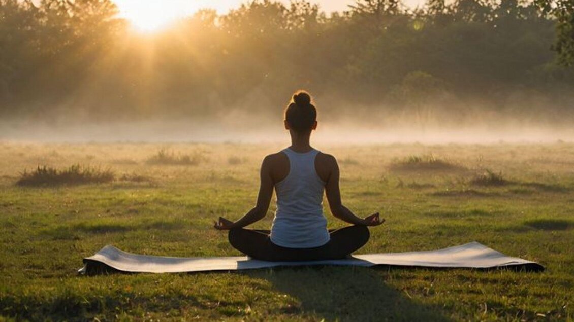 Eine Frau sitzt in den Morgenstunden im Schneidersitz auf einer Yogamatte inmitten einer Wiese. Die Sonne scheint durch die Bäume und der Morgennebel ist deutlich zu sehen. | © Tracky C.