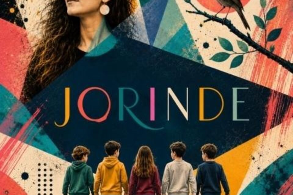 Das Bild zeigt eine kreative Komposition mit einer Frau und mehreren Kindern, die einer bunten, abstrakten Kulisse gegenüberstehen. Der Titel „JORINDE“ ist prominent in der Mitte platziert. | © Karoline Karner
