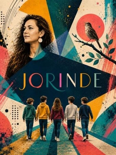 Das Bild zeigt eine kreative Komposition mit einer Frau und mehreren Kindern, die einer bunten, abstrakten Kulisse gegenüberstehen. Der Titel „JORINDE“ ist prominent in der Mitte platziert. | © Karoline Karner