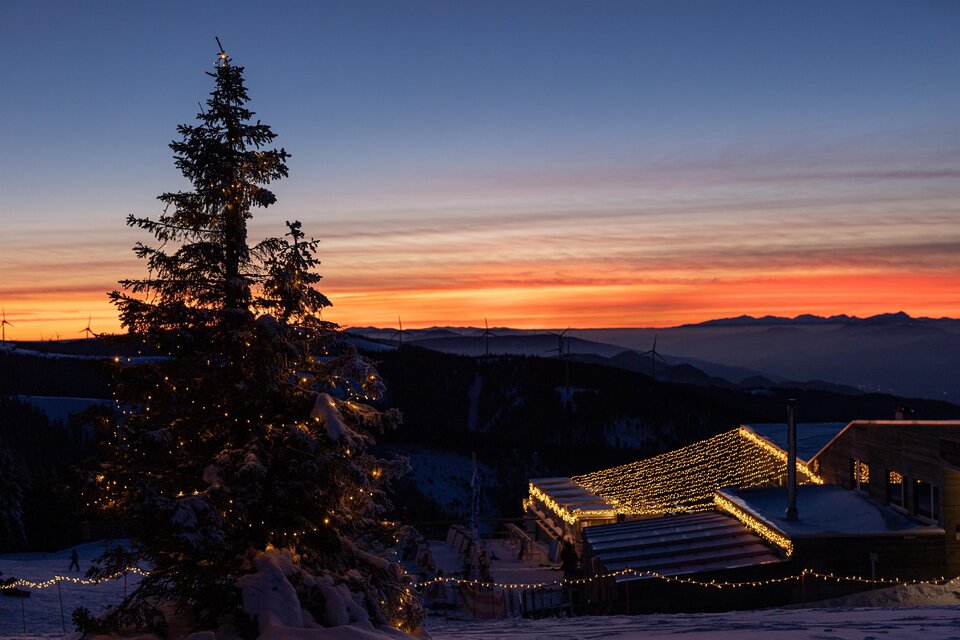 Ein winterlicher Sonnenuntergang über schneebedeckten Hügeln. Ein beleuchteter Baum steht im Vordergrund und ein gemütliches Haus ist im Hintergrund sichtbar. | © nicoleseiser.at