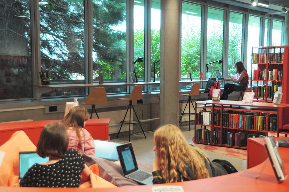 In einer modernen Bibliothek arbeiten mehrere Personen an Laptops. Große Fenster lassen viel Tageslicht herein und schaffen eine angenehme Atmosphäre. | © M. Ohrt