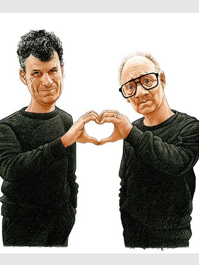 Two men are forming a heart with their hands. They are wearing black clothing and are smiling kindly at the camera. | © Hades
