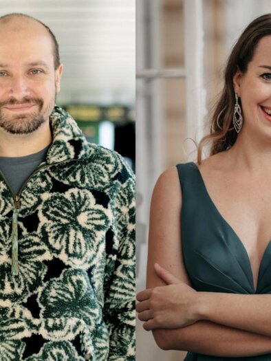 Two portraits of participants in the chamber music festival Air champêtre at Stift Rein in a split image view. | © Lena Kern, Fortin