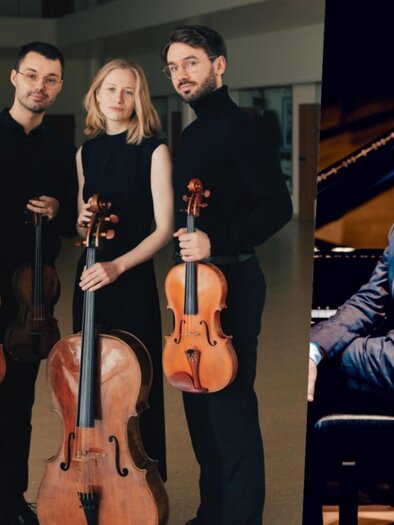 Philipp Scheucher am Klavier mit dem Novo Quartet auf der Burg Rabenstein, ein zweigeteiltes Porträt der Musiker.  | © Maya Matsuura, Andrej Grilc