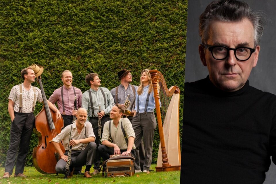 Johannes Silberschneider Porträt neben Wirtshausmusi mit Instrumenten im Garten des Steiermarkhof Graz. | © Anton Doppelbauer, Stefan Robitsch