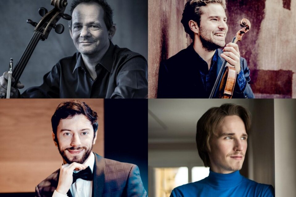 Collage mit vier männlichen Solisten, Porträts mit Cello und Violine beim Abschlusskonzert im Stift Rein, Steiermark. | © Christian Jungwirth, andrej Grilc, Shirley Suarez