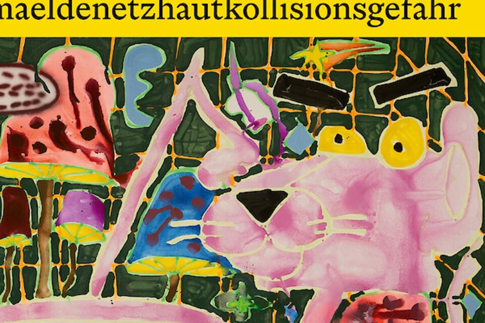 Farbenfrohe Illustration mit einer rosafarbenen Comicfigur, gelben Augen und abstrakten Formen zum Katalog-Release. | © Alexander Nussbaumer, FONDAZIONE