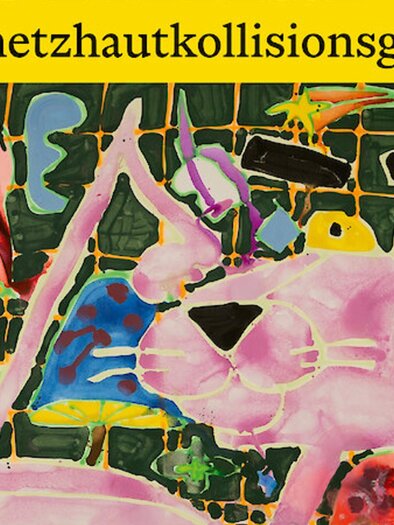 Colorful illustration with a pink comic character, yellow eyes, and abstract shapes for the catalog release. | © Alexander Nussbaumer, FONDAZIONE