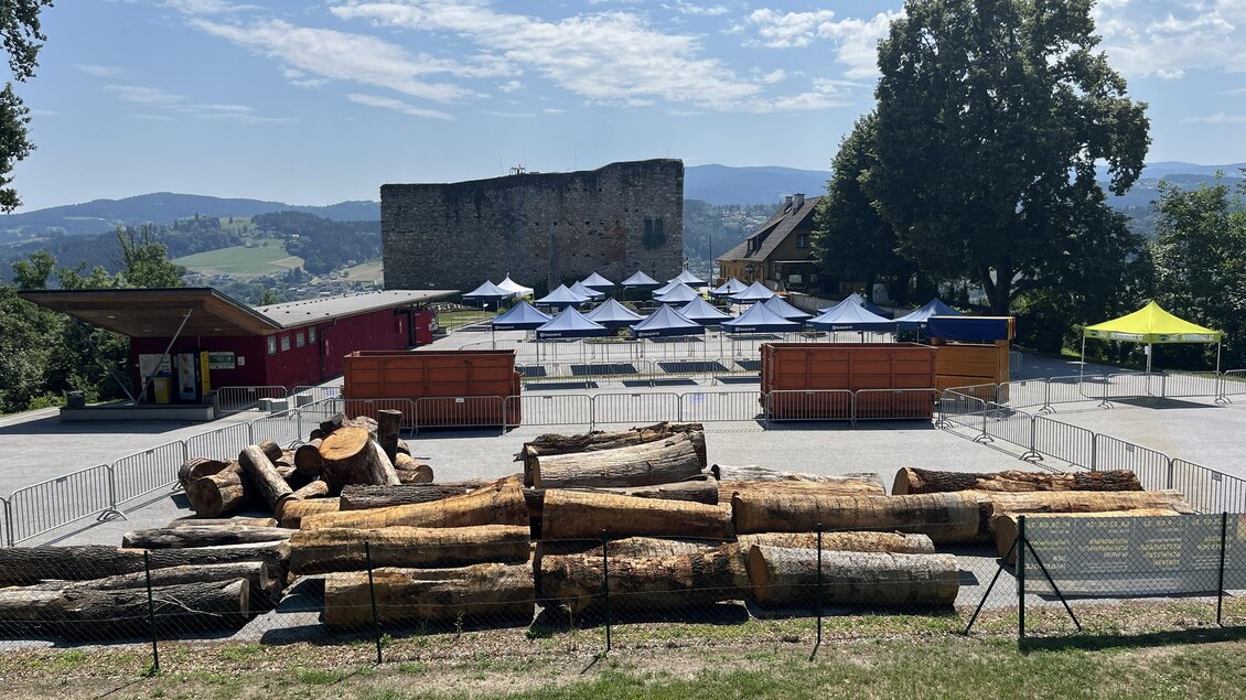 Aufgestapelte Baumstämme auf dem Veranstaltungsgelände der Kettensägen-Kunstschnitztage in Voitsberg. | © Stadtgemeinde Voitsberg