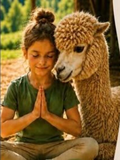 Ein Mädchen sitzt neben einem Alpaka in einer Yoga-Pose mit gefalteten Händen. Beide wirken ruhig und entspannt. Im Hintergrund ist eine natürliche Landschaft zu sehen. | © Bio-Erlebnishof Bochsbichler