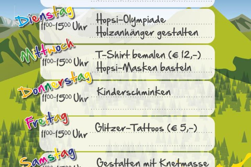 Ein Kinderprogramm im Hopsland mit verschiedenen Aktivitäten für jeden Tag der Woche. Die Angebote umfassen Basteln, Malen und Spielstunden. | © Planai-Hochwurzen-Bahnen Gesellschaft m.b.H.