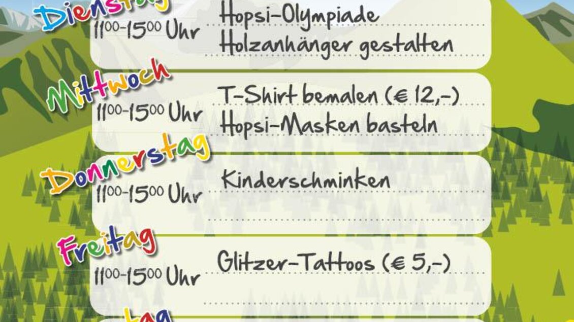 Ein Kinderprogramm im Hopsland mit verschiedenen Aktivitäten für jeden Tag der Woche. Die Angebote umfassen Basteln, Malen und Spielstunden. | © Planai-Hochwurzen-Bahnen Gesellschaft m.b.H.