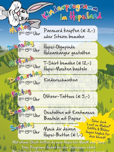 Ein Kinderprogramm im Hopsland mit verschiedenen Aktivitäten für jeden Tag der Woche. Die Angebote umfassen Basteln, Malen und Spielstunden. | © Planai-Hochwurzen-Bahnen Gesellschaft m.b.H.