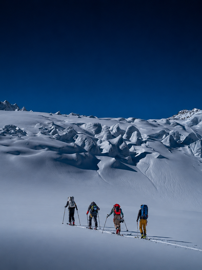 Four people with ski tour equipment in a snowy mountain landscape, film to be seen in the Kirchhof Ligist. | © ChatGPT-Christine Rotschädl