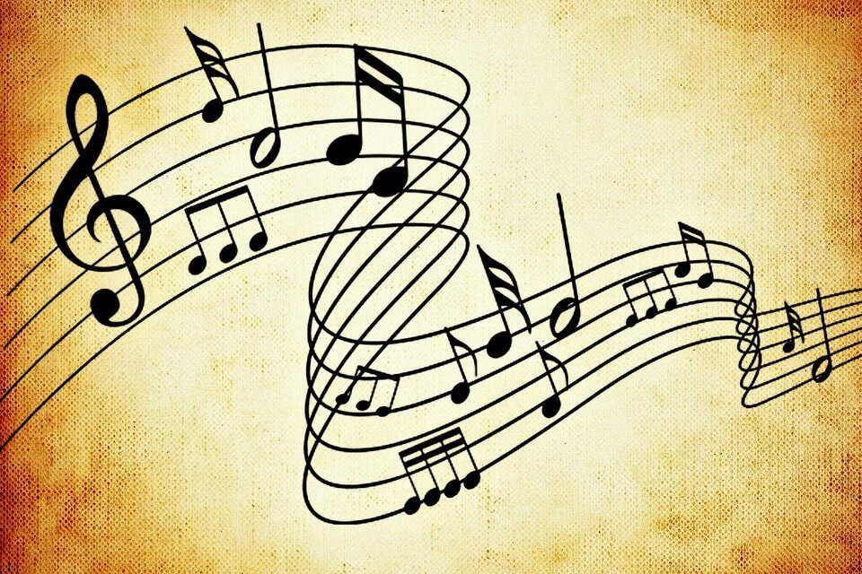 Eine künstlerische Darstellung von Noten auf einem beige Hintergrund. Die Musiknoten sind geschwungen und verleihen dem Bild eine dynamische Stimmung. | © pixabay