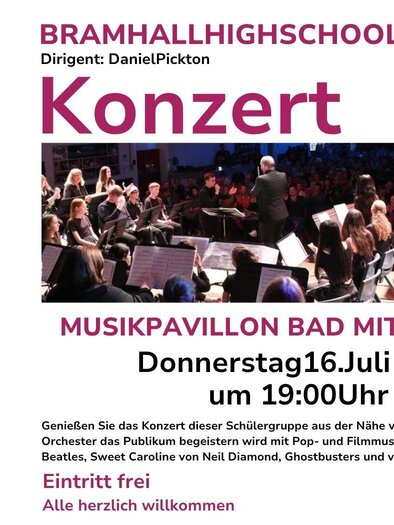 A concert poster of Bramhall High School near Manchester. They will perform on July 16, 2026, in Bad Mitterndorf at the music pavilion with free admission at 7:00 p.m. | © Club europe