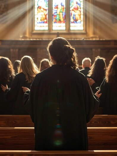 Choir in black clothing sings between wooden benches in a church, while sunlight falls through the windows. | © CanvaKI-christine rotschädl