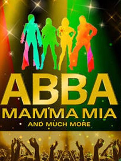 A colorful stage design with the silhouettes of dancers. The lettering displays the title "ABBA Mamma Mia" in large, eye-catching letters. | © Pura Vida Musical Enterprises
