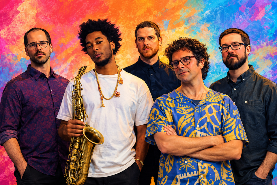 Fünf Musiker des Brazilian All-Star Quintet, einer davon mit Saxofon, vor farbigem Hintergrund. | © ChatGPT-Christine Rotschädl