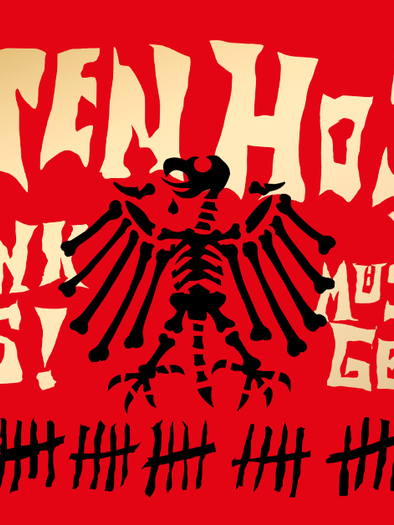 Ein rotes Plakat mit dem Schriftzug "Die Toten Hosen" und der Aufschrift "Trink aus!" Die Grafik zeigt einen schwarzen Adler und ist für eine Tour 2022 gestaltet.
