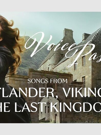 A happy woman with long hair stands in front of an old stone building in a green landscape. The text announces a music project featuring songs from "Outlander," "Vikings," and "The Last Kingdom."