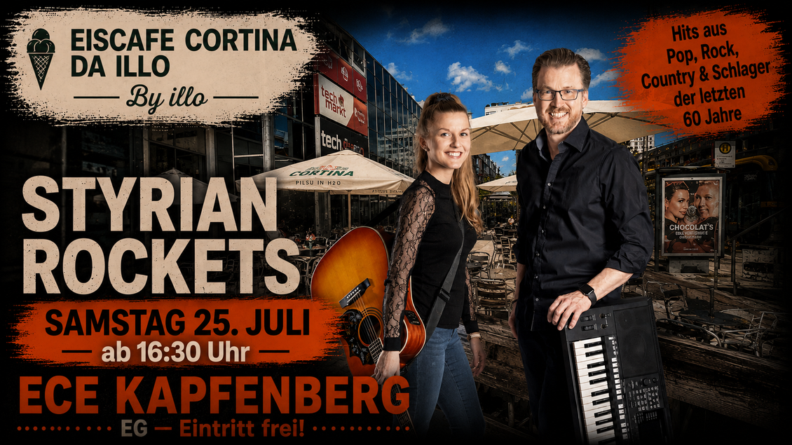 Ein Plakat für das Event "Styrian Rockets" im Eiscafe Cortina. Es zeigt die Künstler und Informationen zum Datum und zur Uhrzeit der Veranstaltung. | © mema tv&events