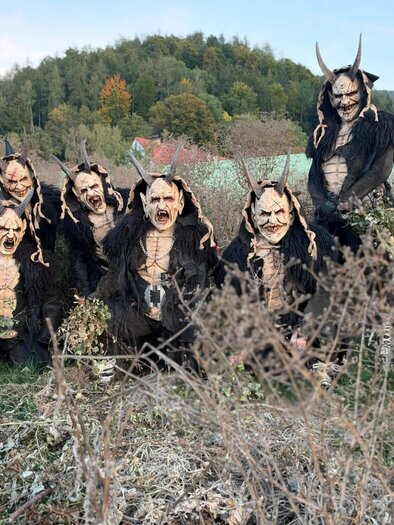 Eine Gruppe von Kreaturen in unheimlichen Kostümen mit Hörnern steht im hohen Gras. Im Hintergrund sind sanfte Hügel und Bäume zu sehen. | © Mühltaler Teifl