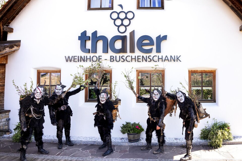 Fünf Personen in traditionellen Kostümen stehen vor einem Weinhof. Sie tragen Masken und Halstücher, während sie dem Betrachter zuwinken. | © Familie Thaler_@evafrischling