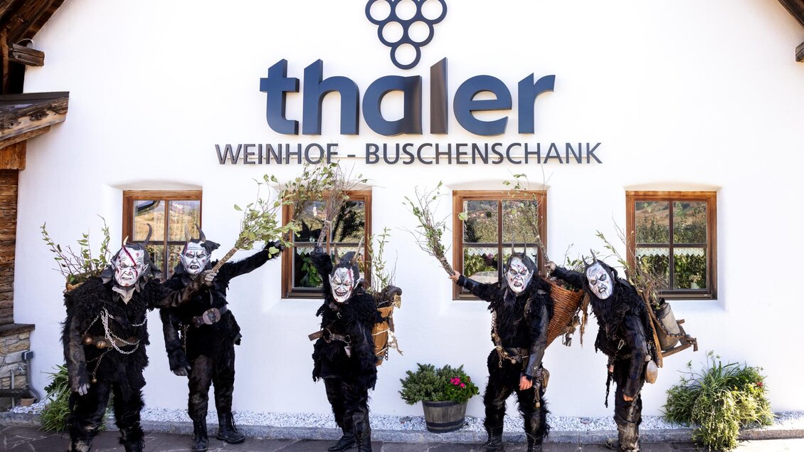 Fünf Personen in traditionellen Kostümen stehen vor einem Weinhof. Sie tragen Masken und Halstücher, während sie dem Betrachter zuwinken. | © Familie Thaler_@evafrischling