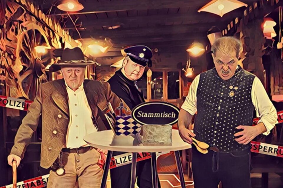 Drei Darsteller in einer humorvollen Krimiszene beim Krimidinner im Das Weitzer in Graz. | © engesser marketing GmbH