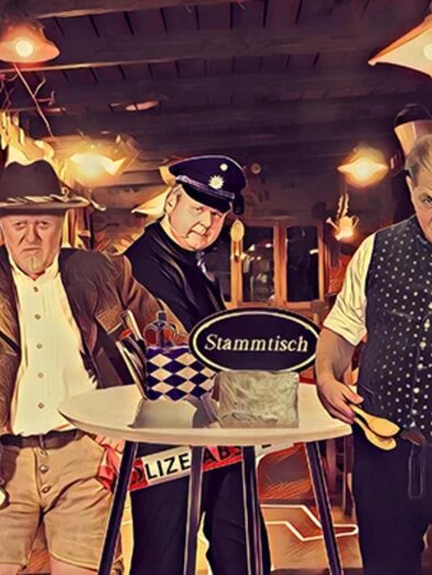 Three performers in a humorous crime scene during the crime dinner at Das Weitzer in Graz. | © engesser marketing GmbH