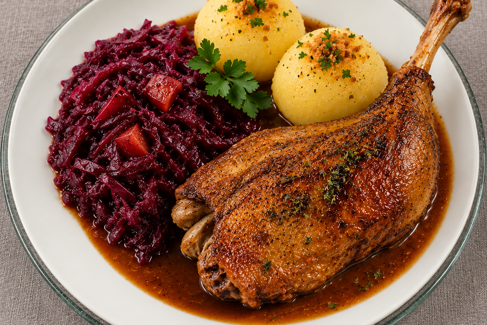 Knusprig gebratenes Martinigansl mit goldbrauner Haut, serviert mit herzhaftem Rotkraut, zwei Kartoffelknödeln und kräftiger Bratensauce auf einem weißen Teller. Traditioneller Herbstgenuss im Semriacherhof in Semriach. | © ChatGPT-Astrid Lackner