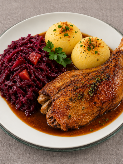 Knusprig gebratenes Martinigansl mit goldbrauner Haut, serviert mit herzhaftem Rotkraut, zwei Kartoffelknödeln und kräftiger Bratensauce auf einem weißen Teller. Traditioneller Herbstgenuss im Semriacherhof in Semriach. | © ChatGPT-Astrid Lackner