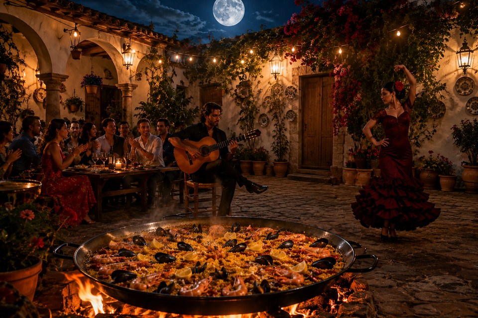 Flamencotänzerin, Gitarrist und Gäste bei einem spanischen Abend im Innenhof Andalusiens. | © ChatGPT-Christine Rotschädl