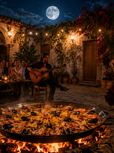Flamenco dancer, guitarist, and guests at a Spanish evening in the courtyard of Andalusia. | © ChatGPT-Christine Rotschädl
