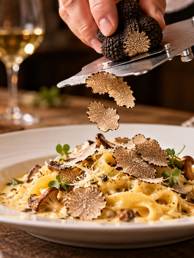 Fresh black truffle is shaved over a pasta dish with mushrooms in fine slices. | © ChatGPT-Christine Rotschädl