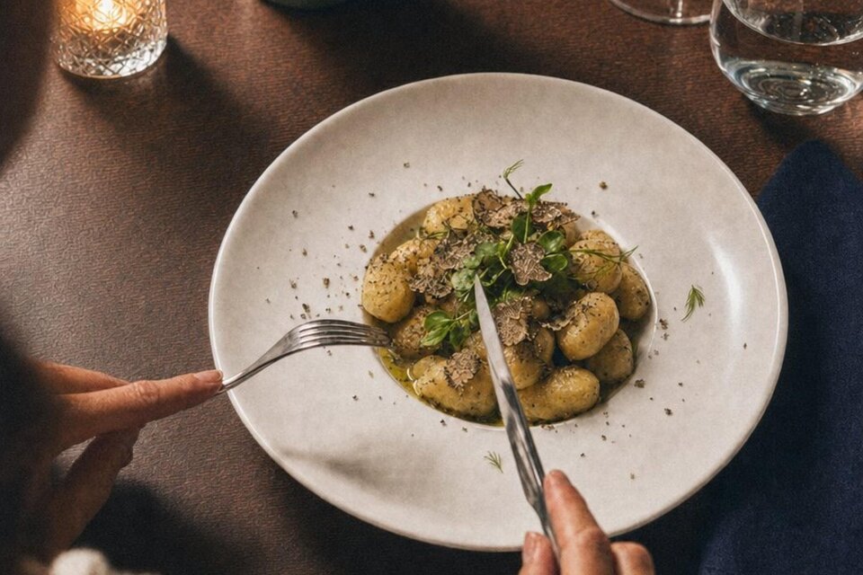 Gnocchi mit gehobeltem Trüffel und frischen Kräutern auf einem weißen Teller, serviert bei Kerzenschein. | © Kornati