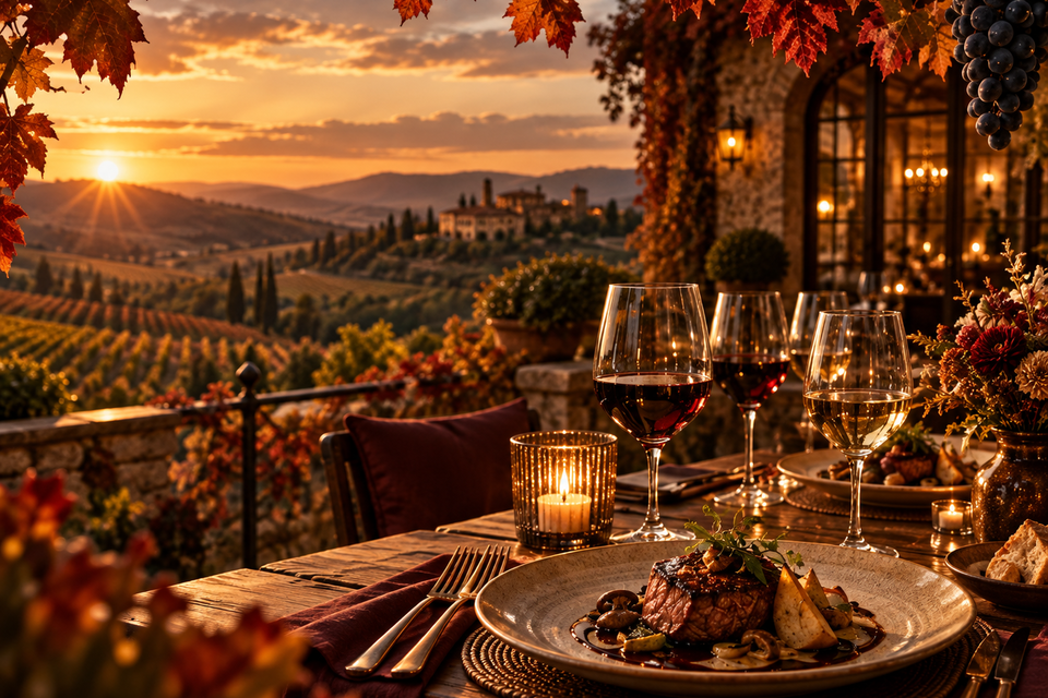 Gedeckter Tisch mit Menü und Weingläsern beim Winzerdinner im Hügellandhof, mit Blick über das Hügelland. | © ChatGPT-Christine Rotschädl