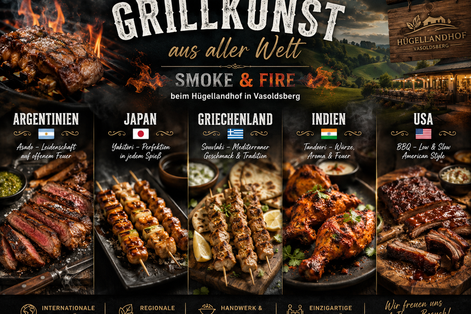 Internationale Grillgerichte aus Argentinien, Japan, Griechenland, Indien und den USA beim Hügellandhof Vasoldsberg. | © ChatGPT-Christine Rotschädl