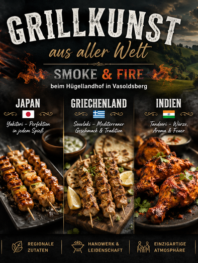 International grilled dishes from Argentina, Japan, Greece, India, and the USA at Hügellandhof Vasoldsberg. | © ChatGPT-Christine Rotschädl