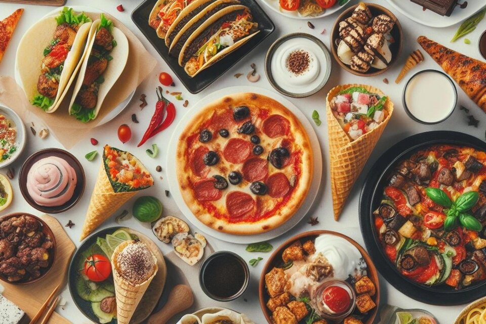 Ein bunter Tisch voller verschiedener Speisen, darunter Pizza, Tacos, Pasta und Desserts. Es gibt eine Vielzahl von Farben und Texturen, die das Essen ansprechend machen. | © Pixabay
