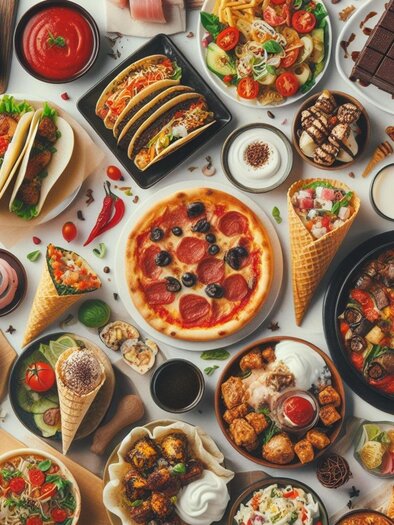 Ein bunter Tisch voller verschiedener Speisen, darunter Pizza, Tacos, Pasta und Desserts. Es gibt eine Vielzahl von Farben und Texturen, die das Essen ansprechend machen. | © Pixabay