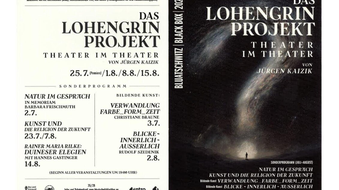 <p>Ein Plakat für das Projekt "Lohengrin", Theater im Theater, von Jürgen Kaizik. Es zeigt Informationen zu verschiedenen Vorstellungen und Sonderprogrammen.</p> | © Bluatschwitz, Blackbox