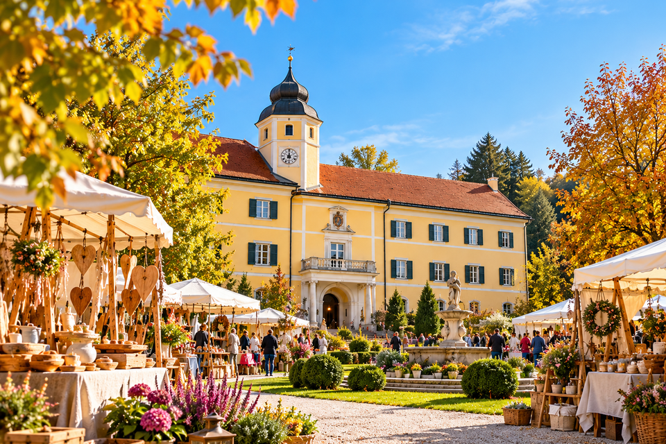 Marktstände mit Kunsthandwerk im herbstlichen Schlosspark von Schloss Vasoldsberg. | © ChatGPT-Christine Rotschädl