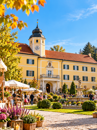 Marktstände mit Kunsthandwerk im herbstlichen Schlosspark von Schloss Vasoldsberg. | © ChatGPT-Christine Rotschädl