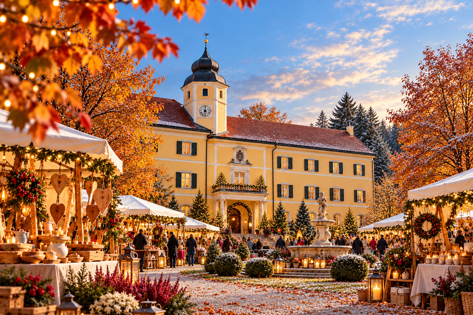 Herbstlicher Markt vor Schloss Vasoldsberg mit beleuchteten Ständen, Besuchern, buntem Laub und einem Brunnen. | © ChatGPT-Christine Rotschädl