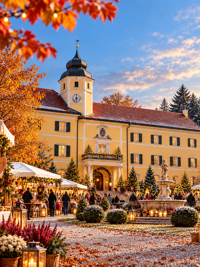 Herbstlicher Markt vor Schloss Vasoldsberg mit beleuchteten Ständen, Besuchern, buntem Laub und einem Brunnen. | © ChatGPT-Christine Rotschädl