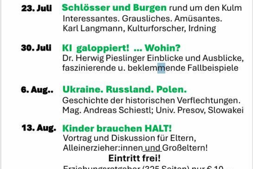 Ein Programmflyer für den KunstgARTen KULTURTreff im Sommer 2026. Er enthält Veranstaltungen zu Themen wie Israel, Burgen und die Ukraine sowie Vorträge und Diskussionen.
