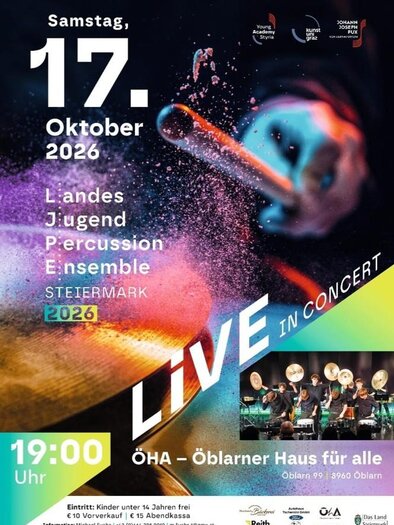 Ein Plakat für ein Konzert des Landesjugendpercussionensembles Steiermark 2026. Es zeigt das Datum, die Uhrzeit und den Veranstaltungsort. | © LJPE Steiermark